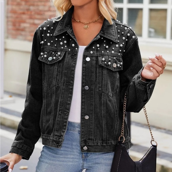 Jackets & Blazers - NWT Black Denim Jacket with Pearl Accents Medium
